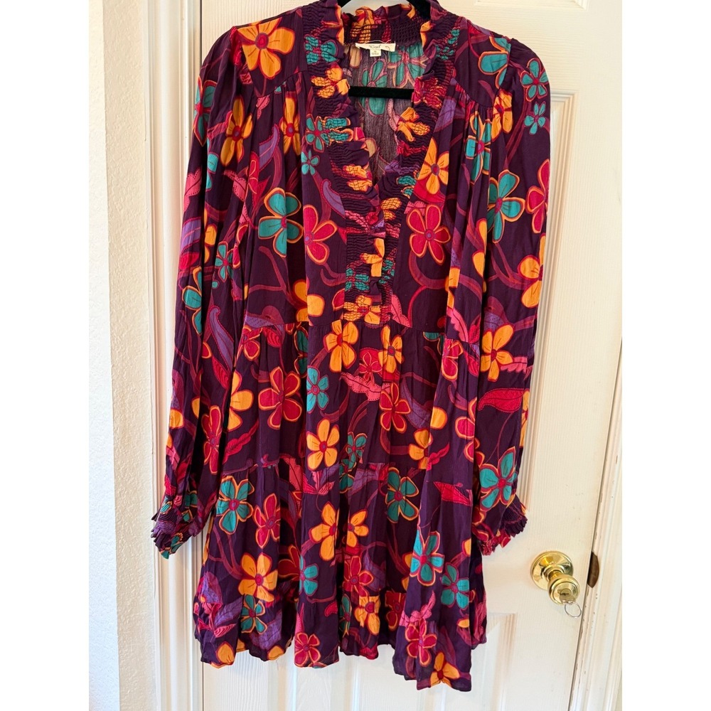 Easel Floral Boho Babydoll Mini Dress Ruffle Smocked Cottagecore Festival S - Picture 2 of 8